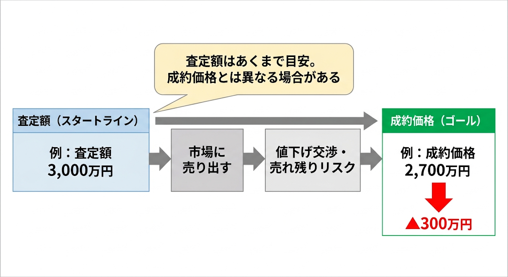 査定額から成約価格への流れと差額(▲300万円)を示す比較図解