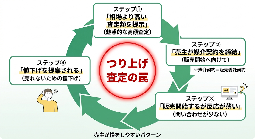 高額提示から値下げへとループする「つり上げ査定の罠」の構造を示すサイクル図解