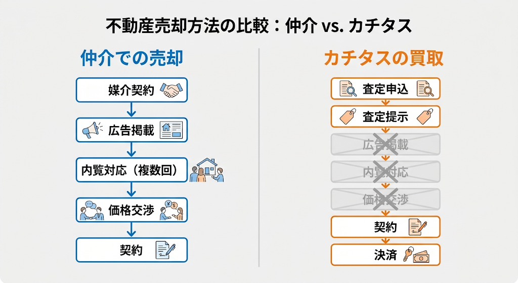 仲介とカチタスの買取フロー比較図。買取では不要な広告・内覧・交渉が不要と分かる図説。