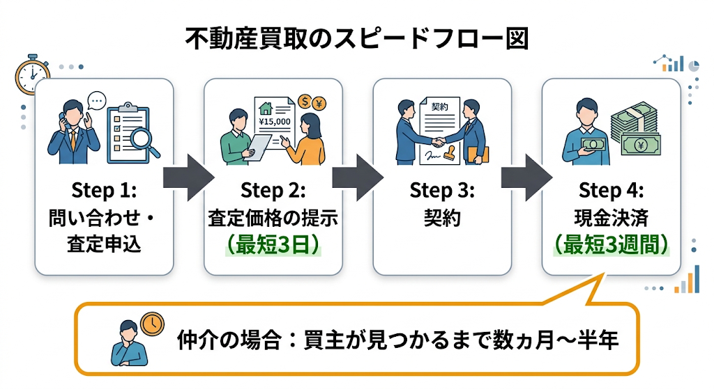 問い合わせから現金決済までの4ステップフローと仲介の場合の期間を比較した図解