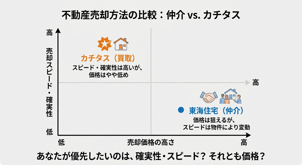 不動産売却のポジショニングマップ。カチタスはスピード重視、東海住宅は価格重視と示す比較図。