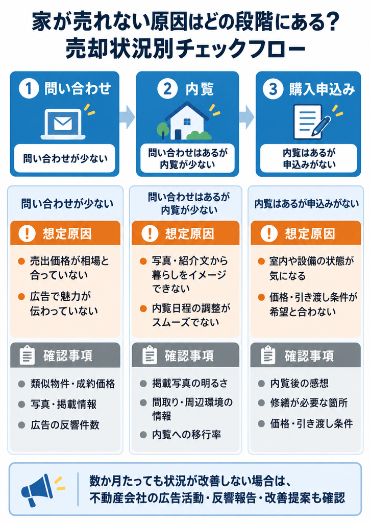 家が売れない原因を「問い合わせが少ない」「内覧につながらない」「購入申込みがない」の3段階で診断するフロー図。売出価格や広告、物件状態など、売却が進まない原因と確認すべきポイントを解説。