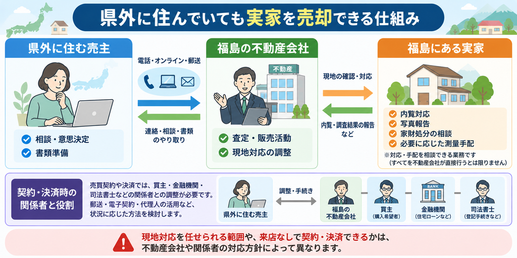 県外に住みながら福島の実家を売却する仕組みと役割分担を示した図解。遠方の売主と不動産会社がオンラインや郵送で連携し、査定・内覧対応・契約・決済を進める方法を紹介。