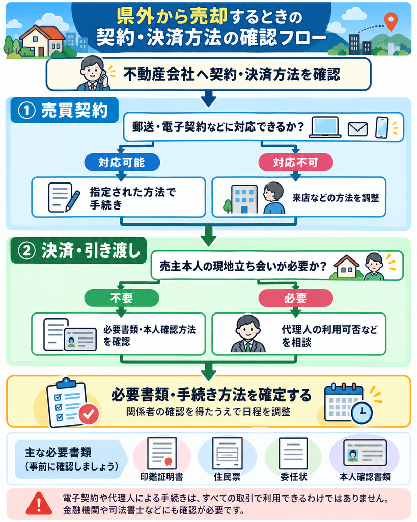 県外から実家を売却する際の売買契約と決済・引き渡しの確認フロー図。郵送・電子契約への対応可否や現地立ち会いの必要性、代理人の利用、必要書類の確認手順を解説。