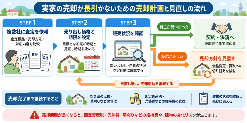 実家の売却が長引かないための売却計画と見直しの流れを示した図解。不動産査定・売り出し価格の設定・販売状況の確認から、売れない場合の価格変更や買取への切り替え、空き家管理までを紹介。