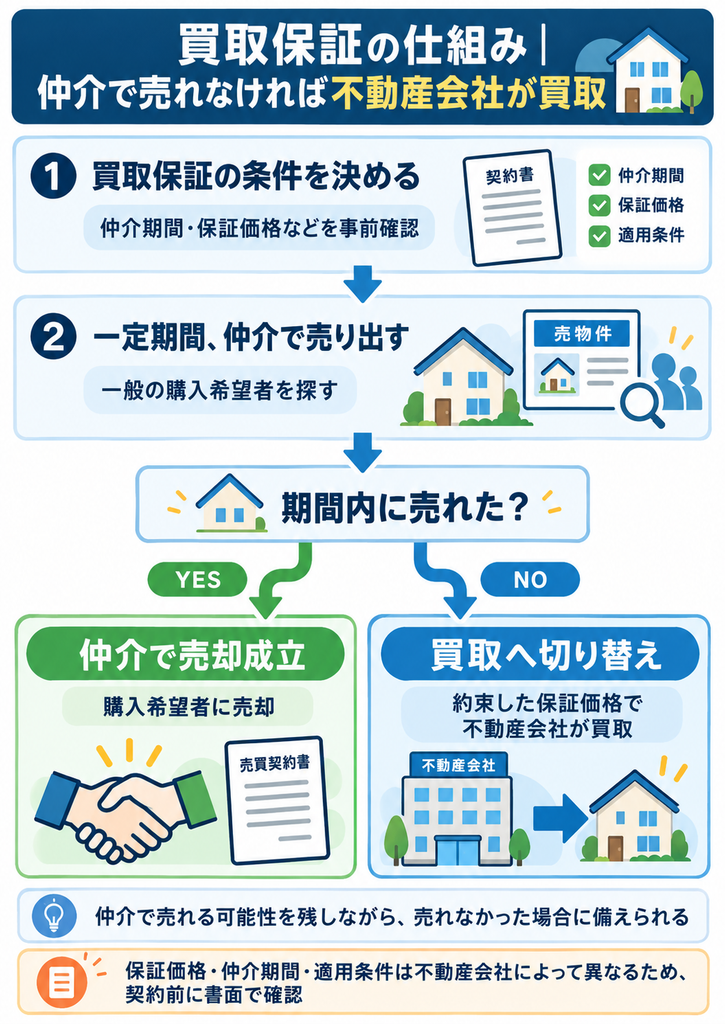 不動産売却における買取保証の仕組みを示したフロー図。一定期間は仲介で購入希望者を探し、売れなかった場合は不動産会社が保証価格で買い取る流れを、契約条件や注意点とともに解説。