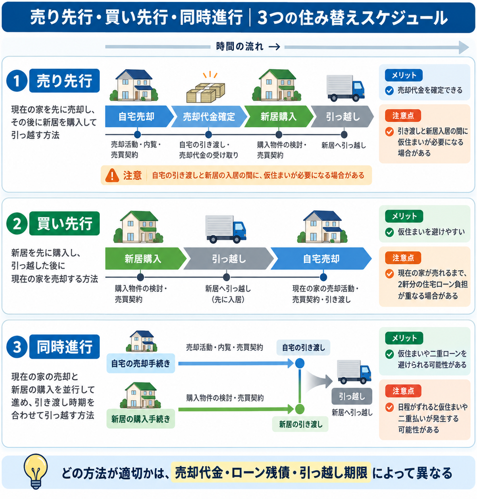 住み替えの3つの方法「売り先行・買い先行・同時進行」を時系列で比較した図解。自宅売却・新居購入・引っ越しの順番と、仮住まいや二重ローン、引き渡し日程の調整に関する注意点を解説。