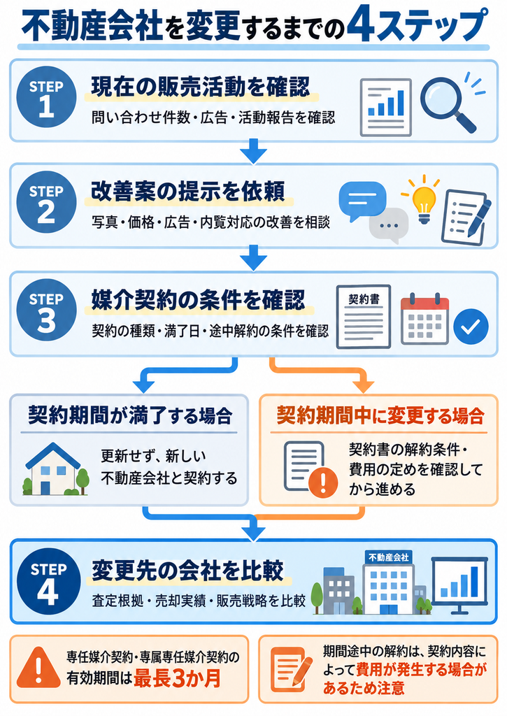 家の売却を依頼している不動産会社を変更する手順を4ステップで解説した図解。販売活動の確認から改善依頼、媒介契約の解約条件、変更先の比較まで、契約期間満了時と途中解約時の注意点を紹介。