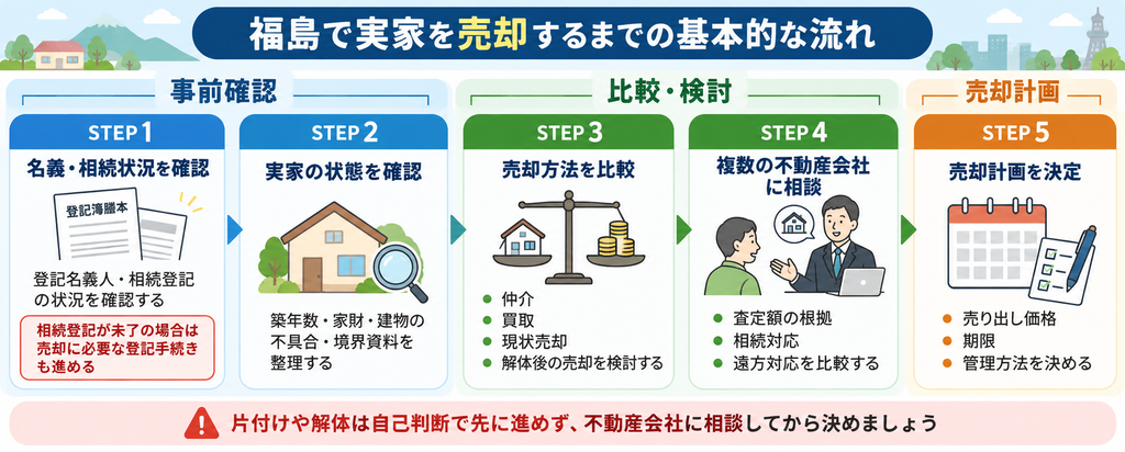 福島で実家を売却するまでの基本的な5ステップを解説した図解。名義・相続登記の確認から建物の状態確認、売却方法の比較、不動産会社への相談、売却計画の決定までを紹介。